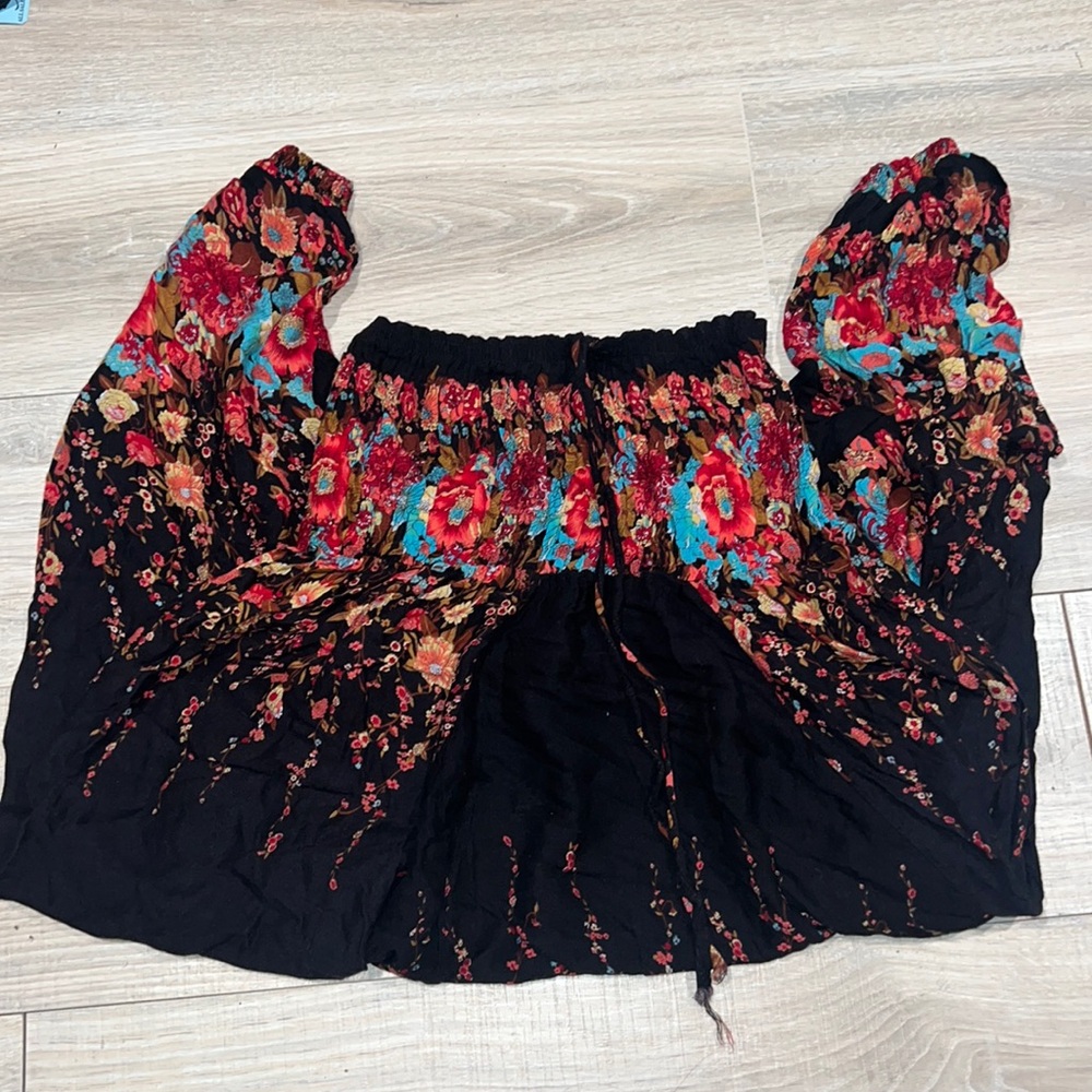 Harem 100% cotton‎ pants black with floral print